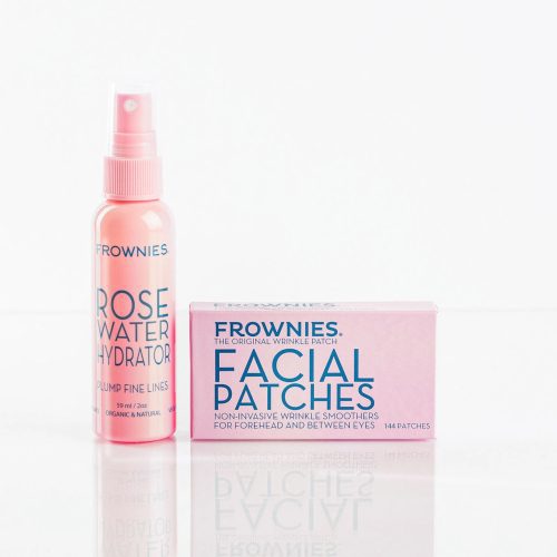 Frownies Rose Water Hydrator spray displayed alongside Frownies facial patches for the forehead and between the eyes.