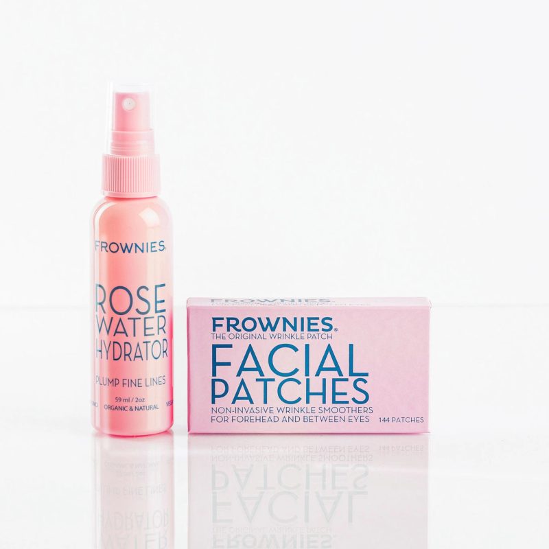 Frownies Rose Water Hydrator spray displayed alongside Frownies facial patches for the forehead and between the eyes.