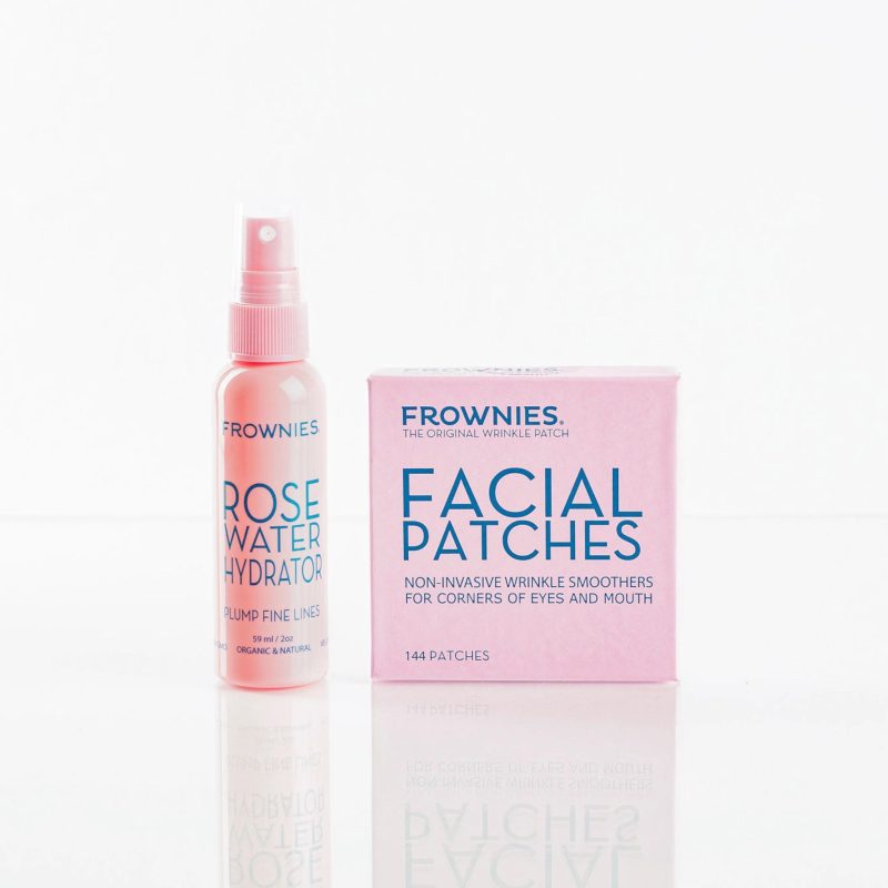 Frownies Rose Water Hydrator spray pictured alongside Frownies facial patches for the corners of the eyes and mouth.