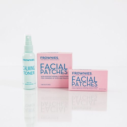 Frownies CEM and FBE facial patches shown next to Frownies calming toner on a clean white background