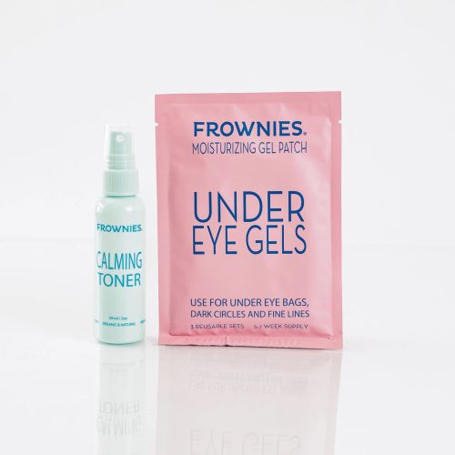 Frownies calming toner and cactus collagen under-eye gels displayed on a clean white background.